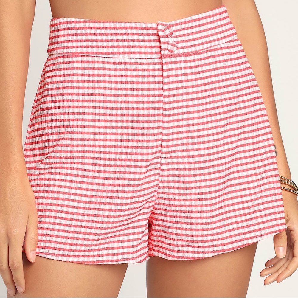 Gingham Print Button-Front Summer Shorts—red and white